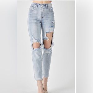 RISEN HIGH RISE DISTRESSED SLIM STRAIGHT JEANS DARK WASH